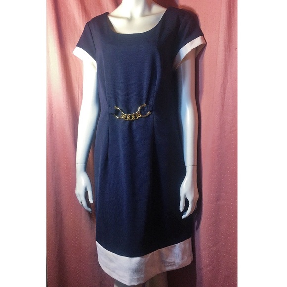Mod Navy Blue Shift Work Dress 60s Belted - Picture 3 of 5